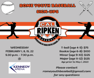 Rome Youth Baseball Sign-Ups @ Kennedy Arena | Rome | New York | United States
