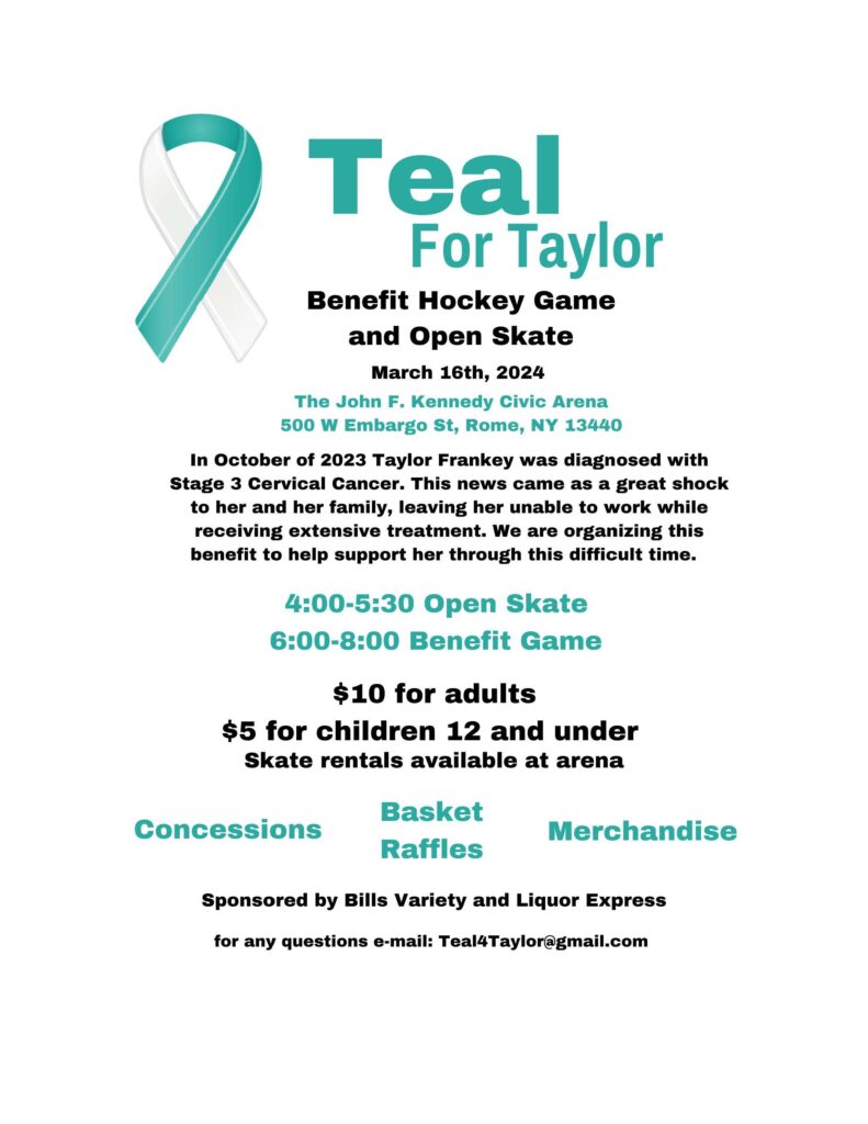 Teal for Taylor Benefit Hockey Game & Open Skate @ Kennedy Arena